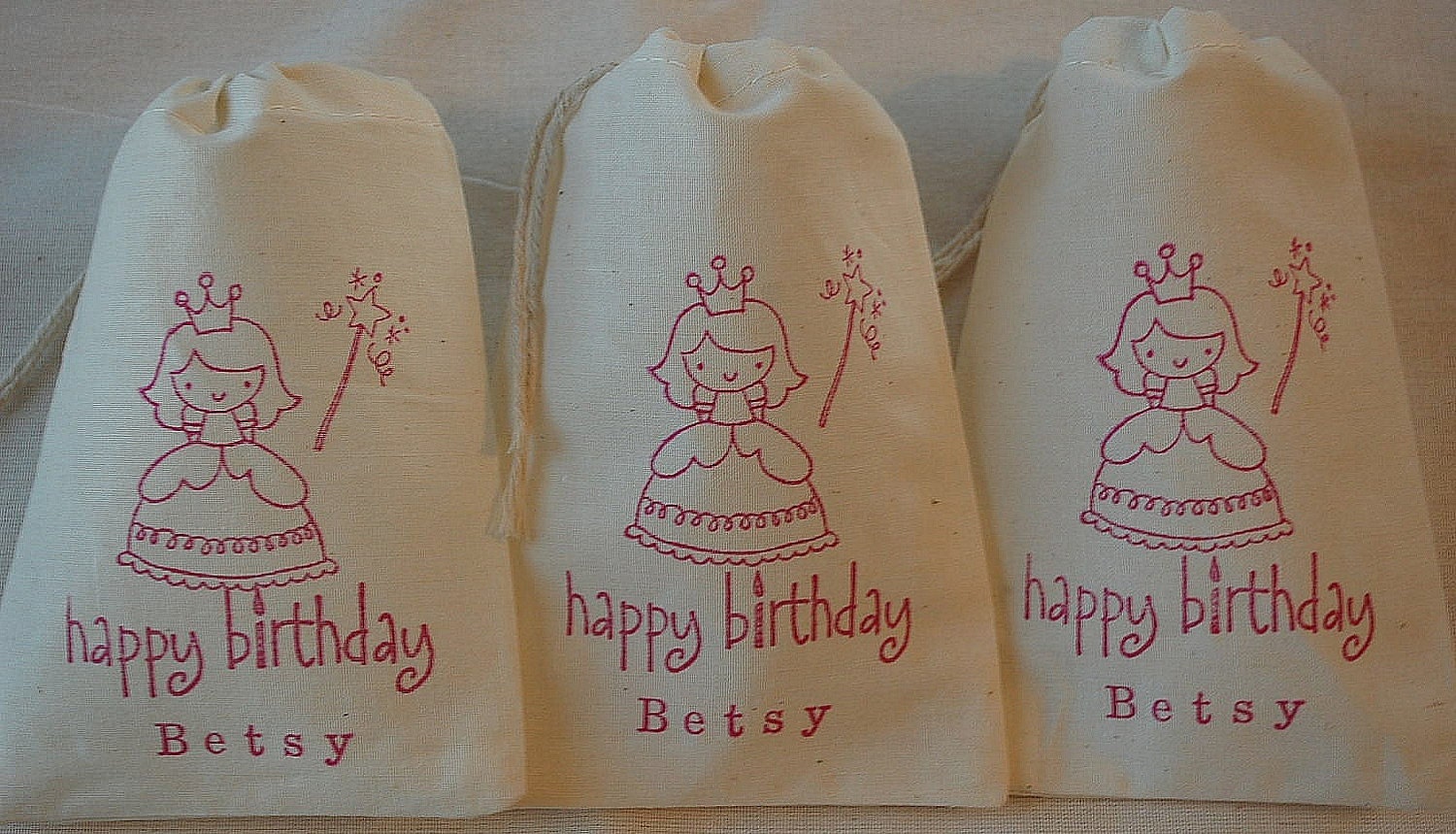 10 Personalized Pink Princess Happy Birthday Organic Muslin Cotton Favor Gift Bags 4x6