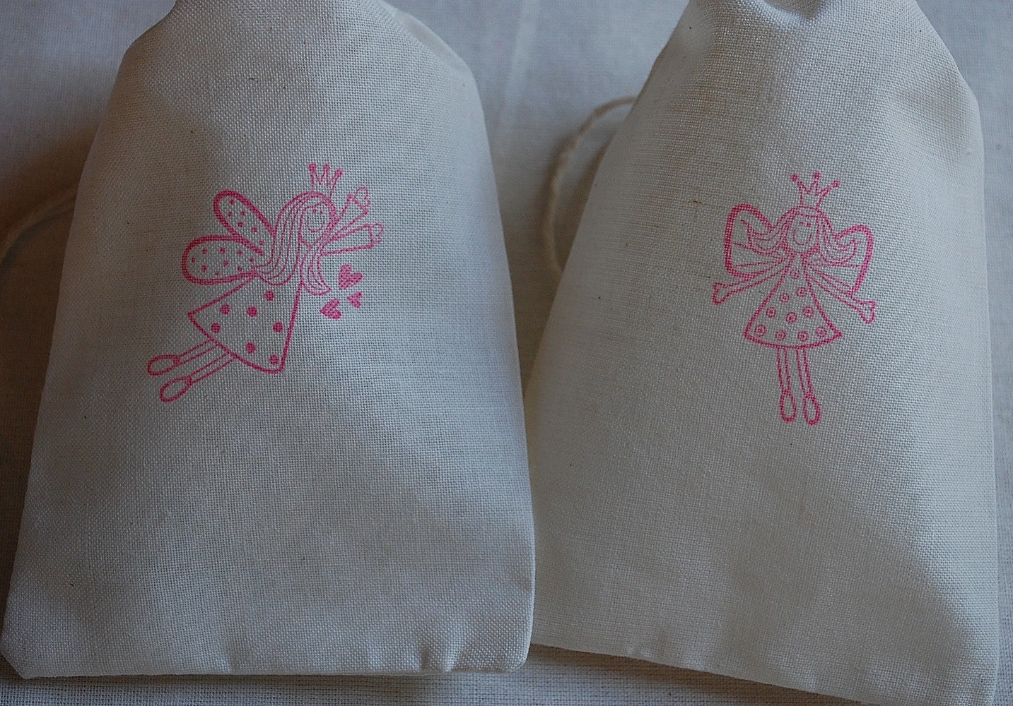 10 Pink Fairies Birthday Party Organic Muslin Cotton Favor Gift Bags 4x6