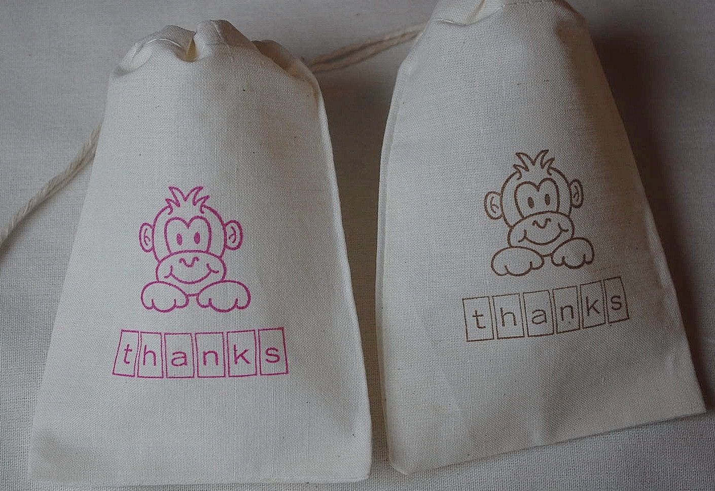 10 Pink and Brown Monkey Thank You Muslin Favor Gift Bags - Organic Cotton Drawstring Gift Bags 4x6