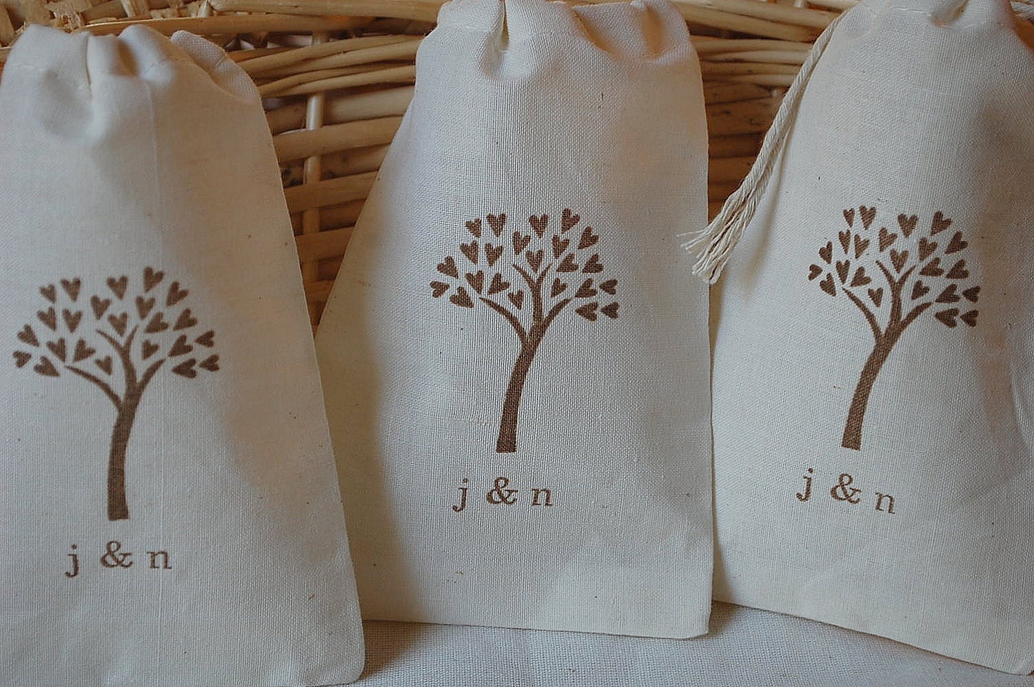 35 Wedding Favor Bags - Personalized Organic Muslin Cotton - Brown Tree of Love with Initials 4x6 Great for Weddings Il_170x135