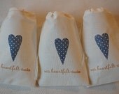 10 Blue Polka Dot Heart Thank You Organic Muslin Cotton Favor Gift Bags 3x5 Great for Weddings