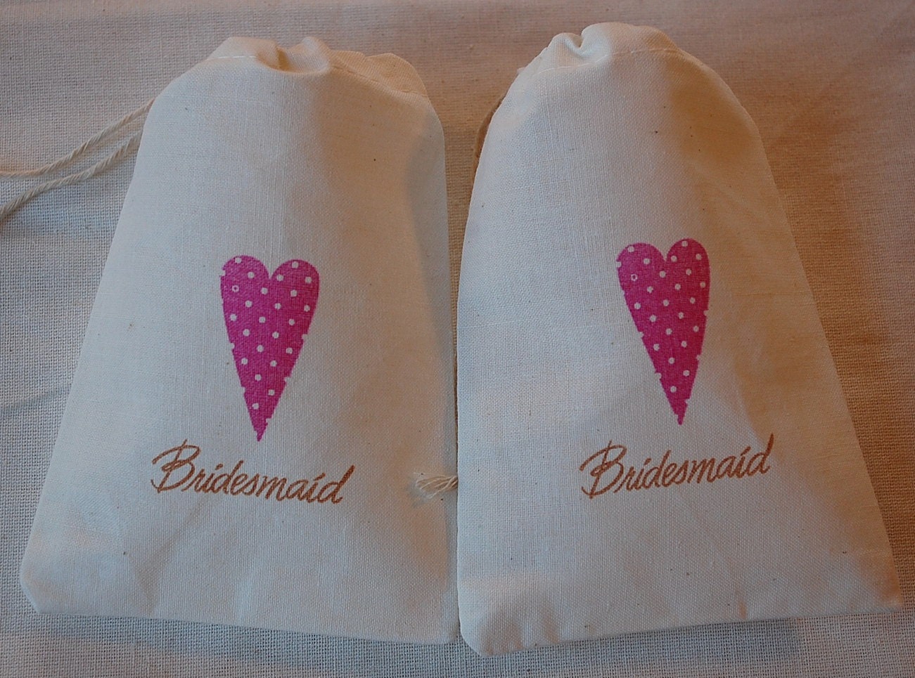 10 Bridesmaid and Pink Polka Dot Heart Organic Muslin Cotton Favor Gift Bags 4x6 Il_170x135