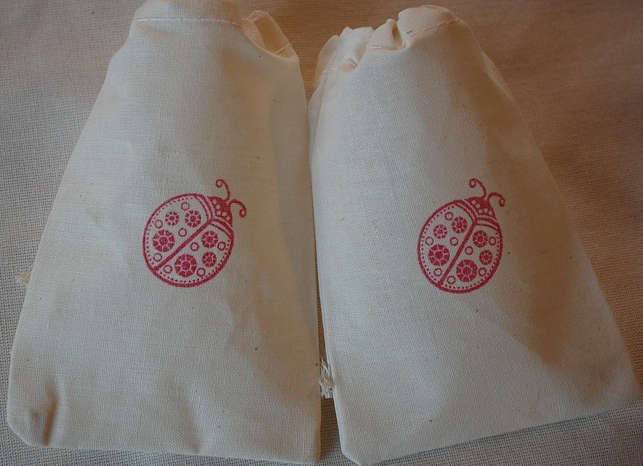 10 Red Ladybug Organic Muslin Cotton Drawstring Favor Bags 3x5 Il_170x135