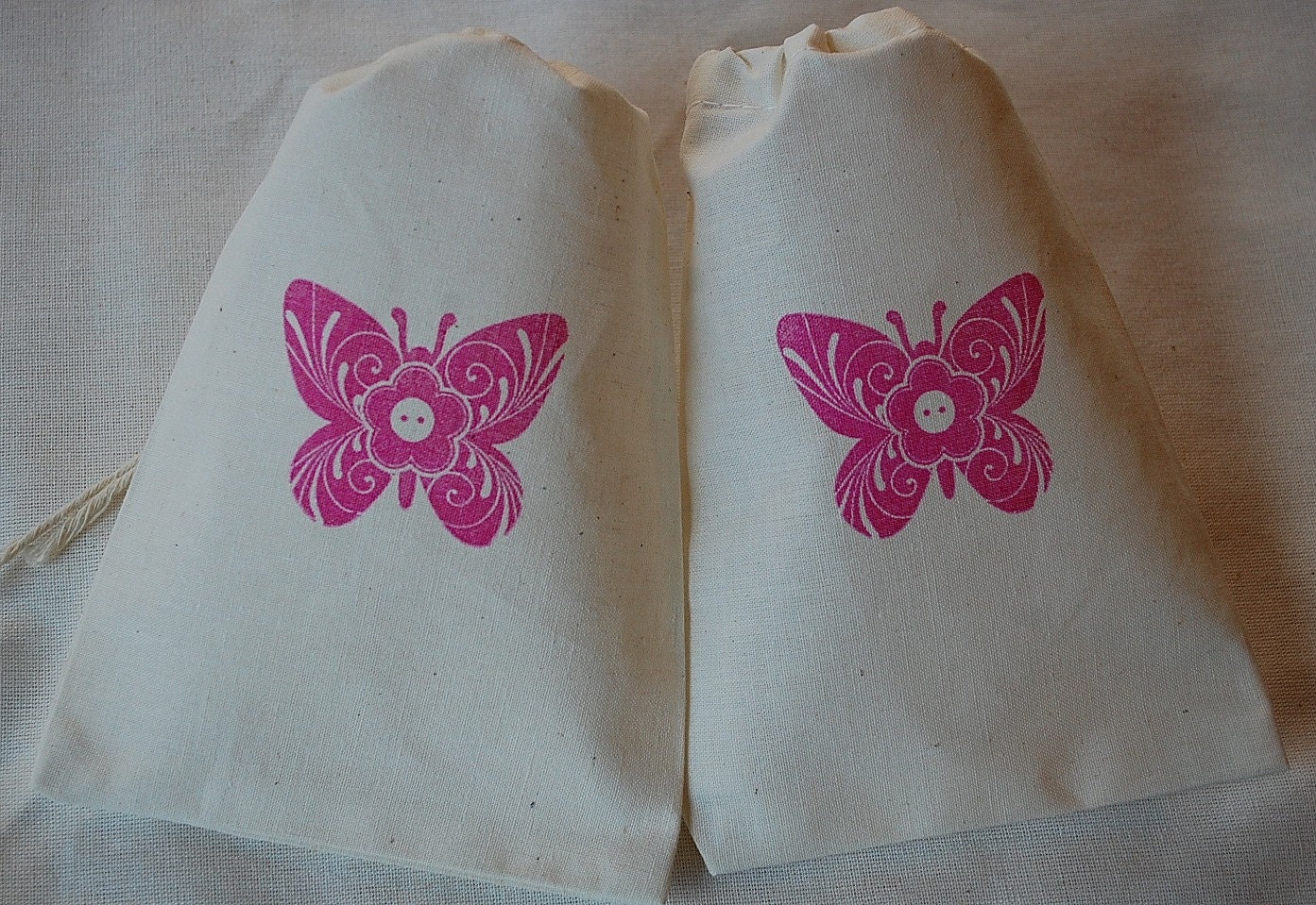 15 Fuchsia Pink Butterfly Organic Muslin Cotton Favor Gift Bags 5x7 - Hand stamped with Drawstrings Il_170x135