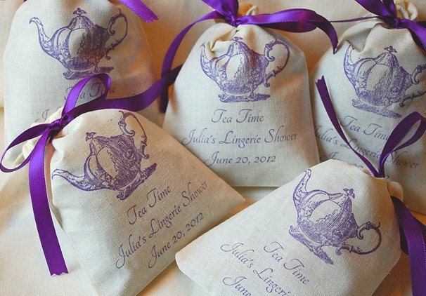 50 Personalized Lavender Filled Tea Party Favor Bags - Vintage Teapot Sachets - choose your ink and ribbon color Il_170x135