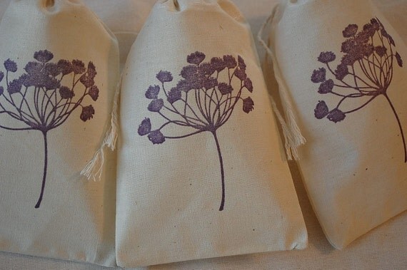 10 Purple Wild Flower Organic Muslin Cotton Favor Gift Bags with Drawstrings Hand Stamped 4x6 Il_570xn