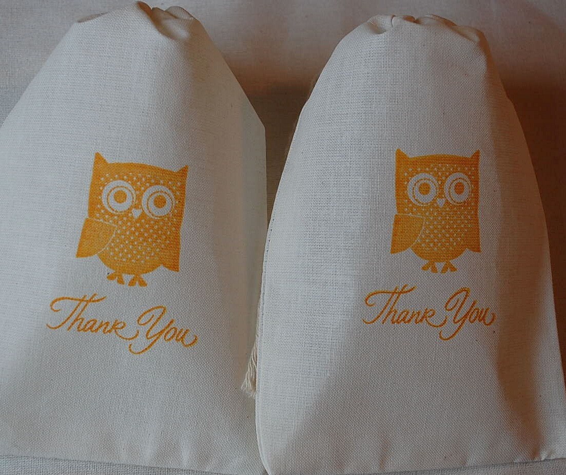 10 Mustard Yellow Owl Muslin Favor Gift Bags - Thank You Organic Cotton Drawstring Gift Bags 5x7 Il_570xn