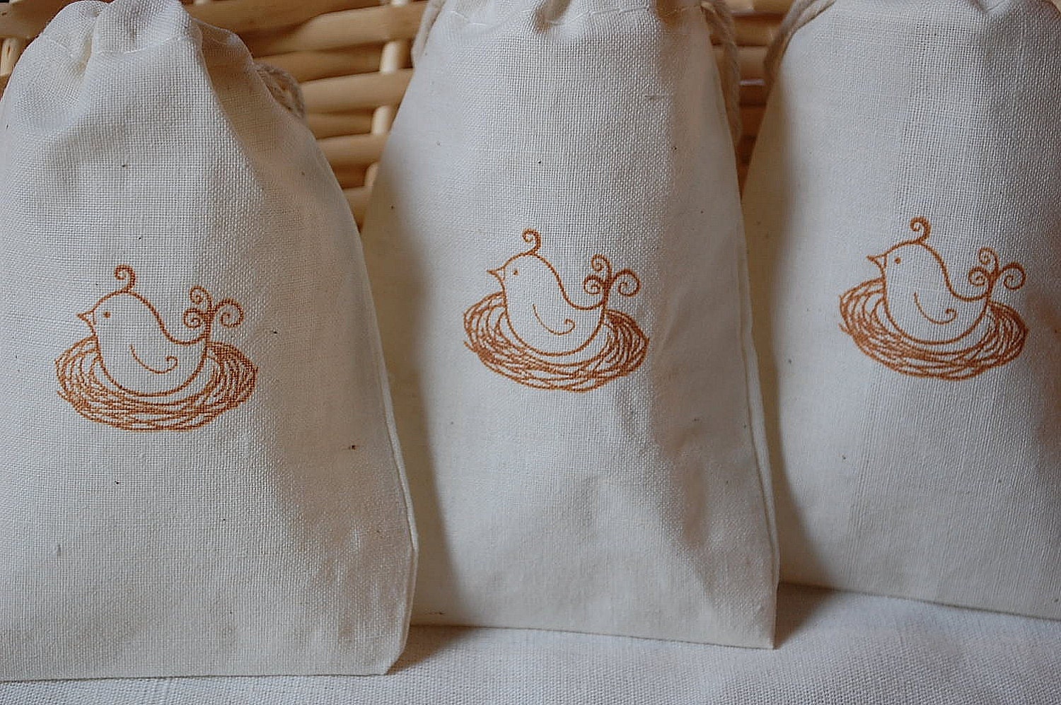 25 Muslin Favor Bags - Bird in Nest Drawstring Organic 3x5 gift bags Great for Weddings and Baby Showers Il_570xn