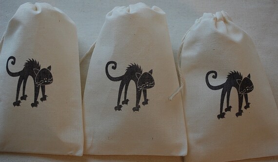 10 Halloween Black Cat organic muslin cotton Favor Gift Bags 4x6 Il_570xn