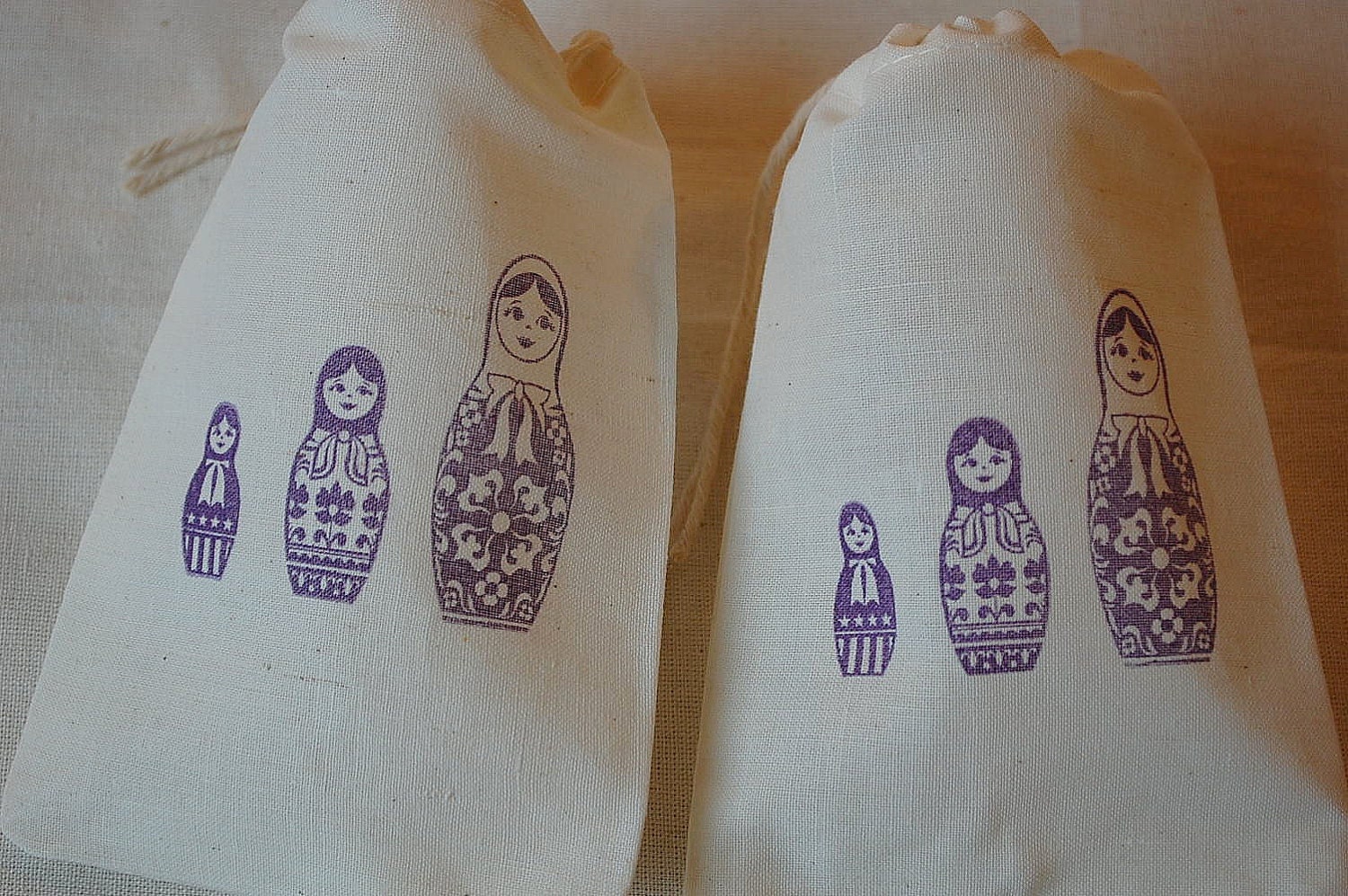 10 Purple Russian Nesting Dolls Muslin Favor Gift Bags - Organic Cotton Drawstring Gift Bags 4x6 Il_570xn