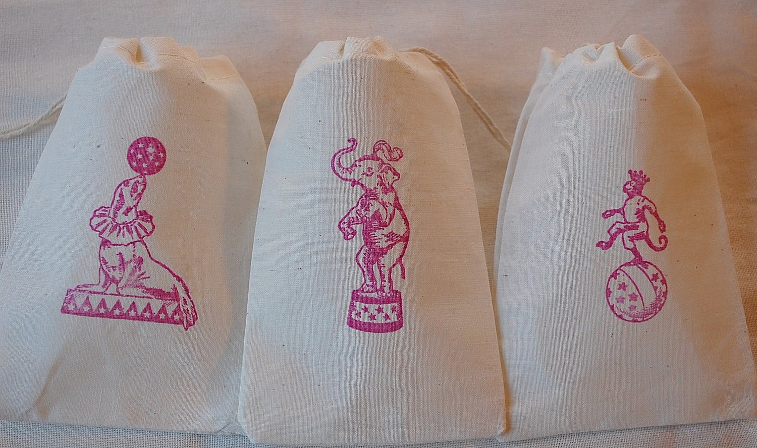 12 Organic Muslin Gift Bags - Pink Vintage Circus Birthday Party Set 4x6 Monkey, Seal and Elephant Il_570xn