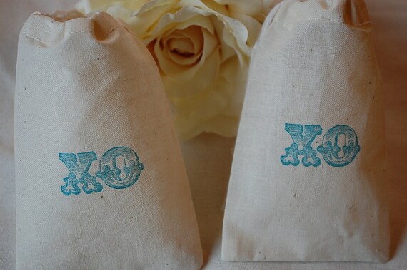 10 Vintage Wedding XO Organic Muslin Cotton Favor Gift Bags 3x5 in Teal Il_570xn
