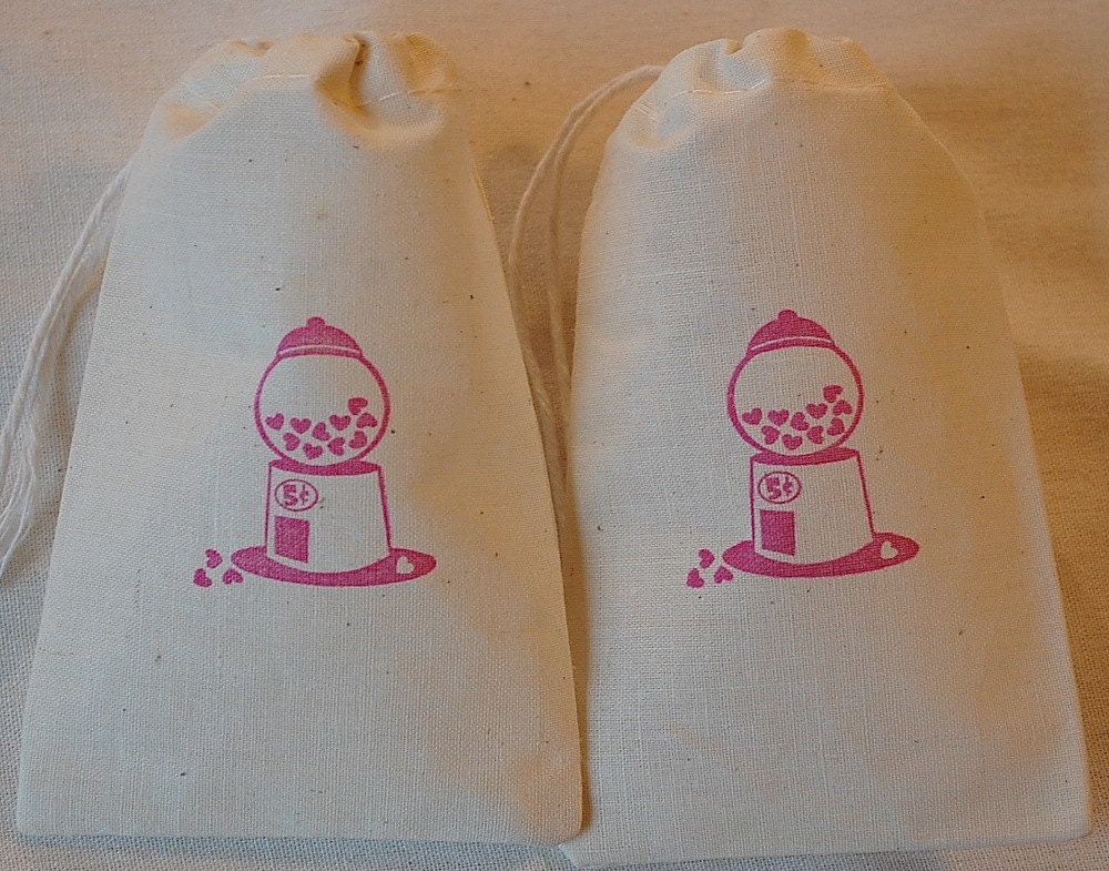 10 Valentines Day Heart Gum Balls Treat Bags - Organic Muslin Cotton Gift Bags 3x5 in Pink Il_570xn