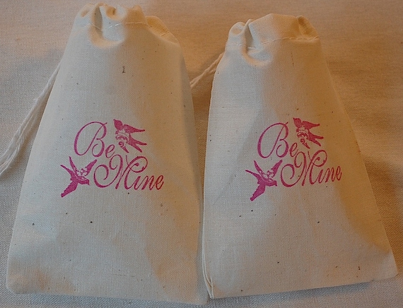 10 Valentines Day Be Mine Treat Bags - Organic Muslin Cotton Gift Bags 3x5 in Pink Il_570xn