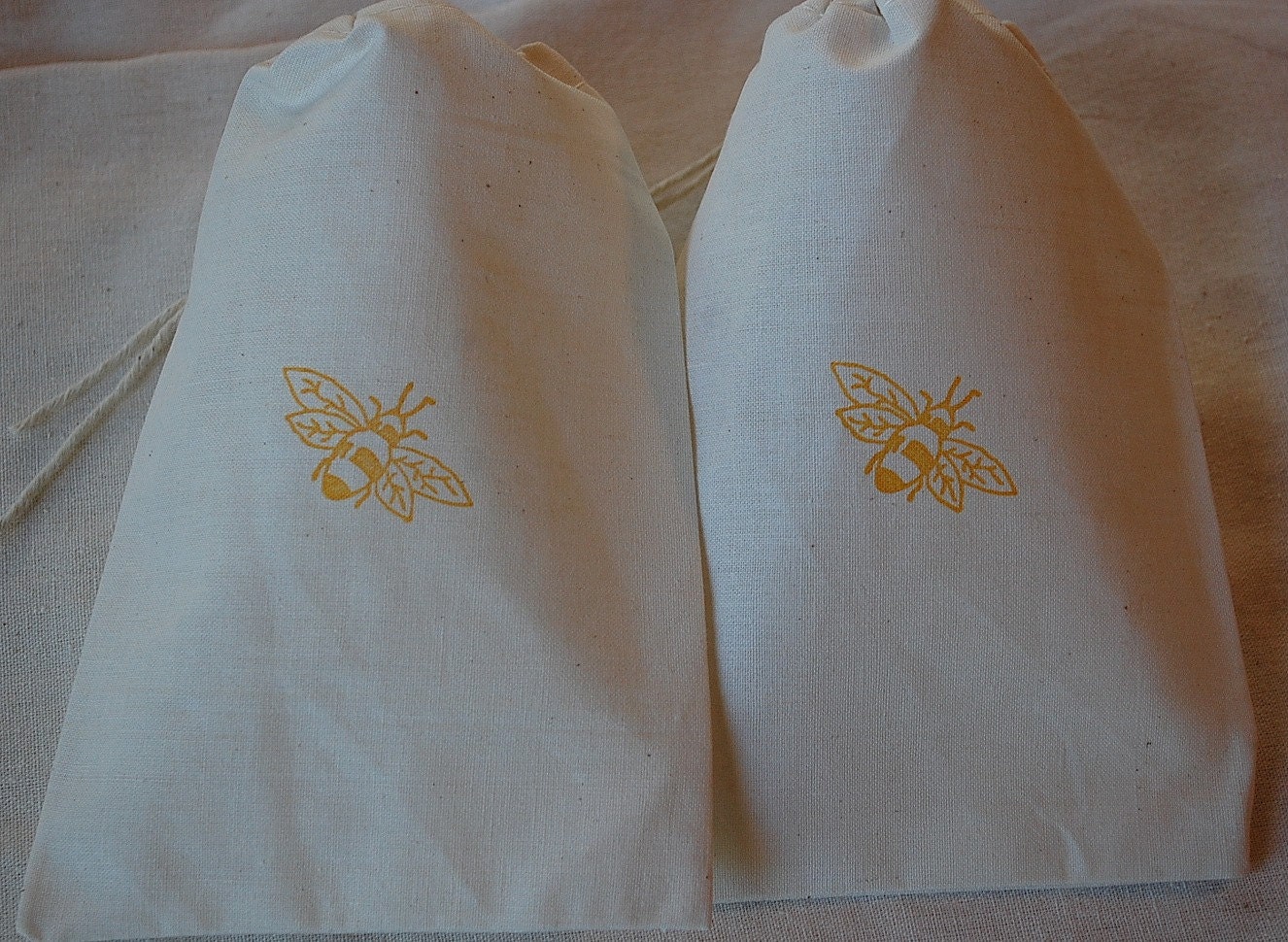 10 Yellow Vintage Bee Organic Muslin Cotton Drawstring Favor Gift Bags 5x7 - Choose your ink color Il_570xn