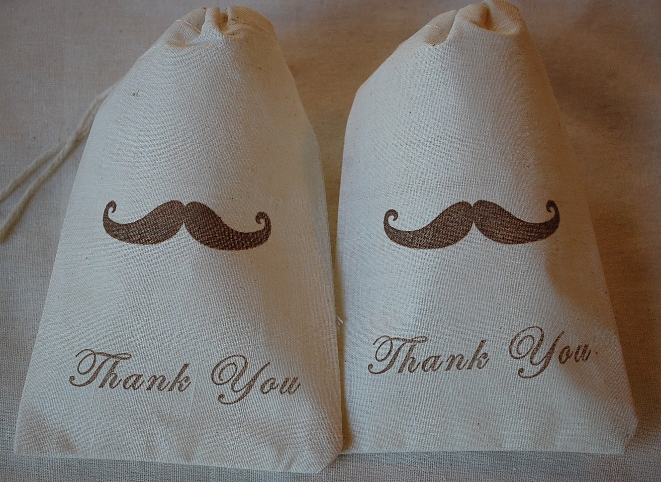 10 Coffee Brown Mustache Thank You Organic Muslin Cotton Drawstring Favor Gift Bags 4X6 - You choose ink color Il_570xn