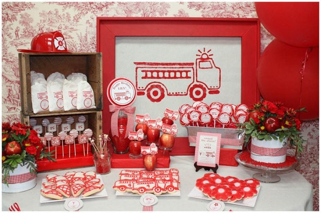 12 Red Fire Truck Organic Muslin Cotton Favor Gift Bags with Drawstrings 4x6