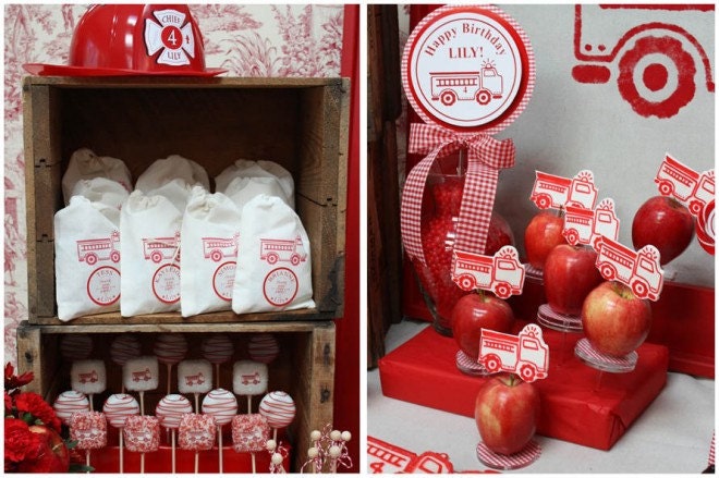 12 Red Fire Truck Organic Muslin Cotton Favor Gift Bags with Drawstrings 4x6