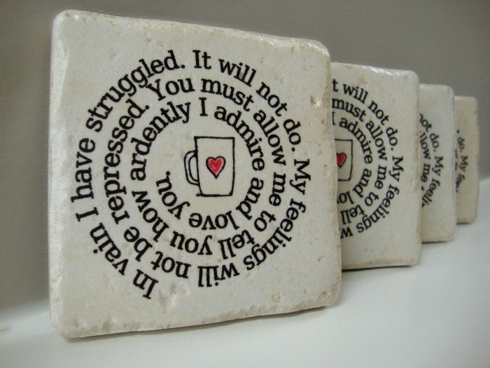 Coaster Coffee Cup Confessions Mr. Darcy's proposal to Elizabeth Set of 4 Italian Stone Coasters