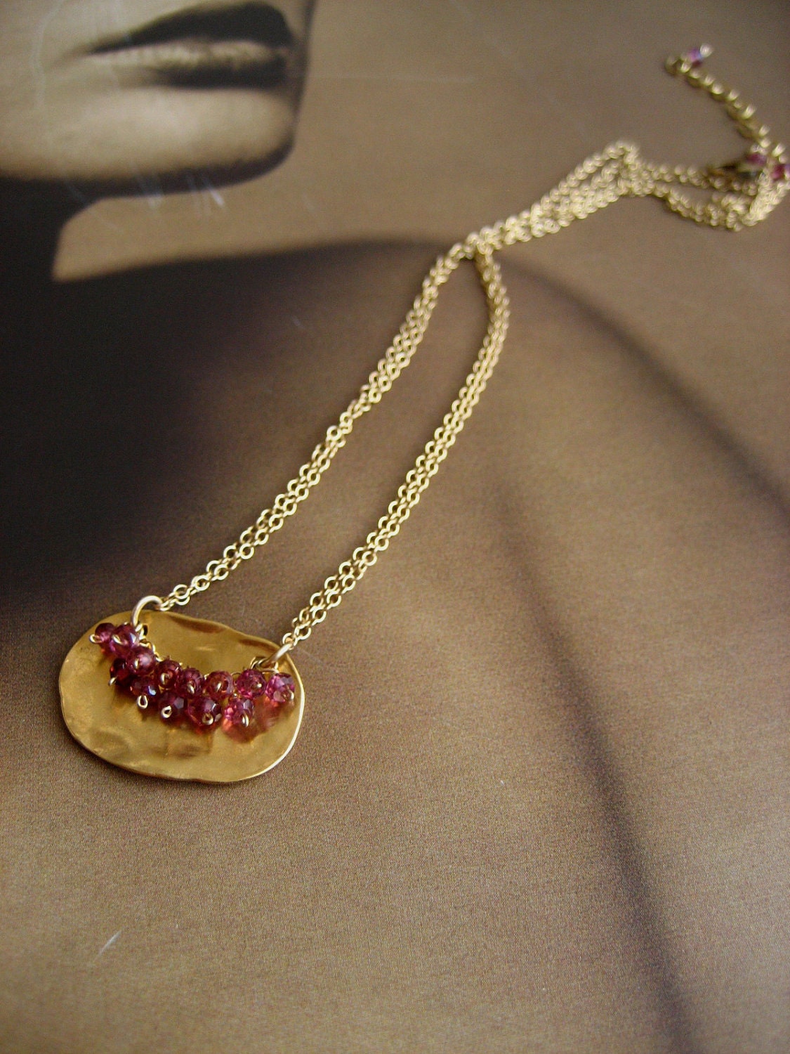 Vermeil and rhodolite organic plaque necklace - solid sterling silver pendant with 14k gold plating - ElfiRoose
