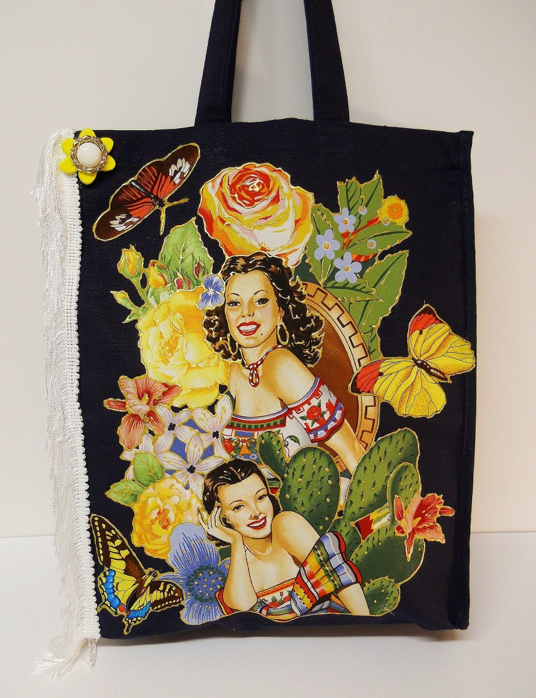 Tote Bag Retro Canvas Custom Fabric Applique Design With Fringe and Pedant Embellishments