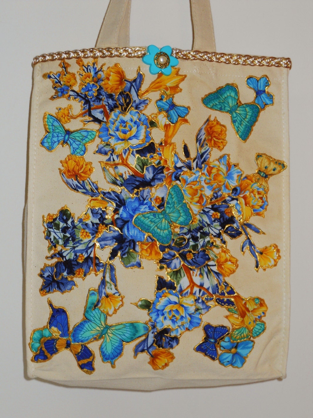 Custom Canvas Tote with Colorful Blue and Yellow Floral Fabric Applique Design