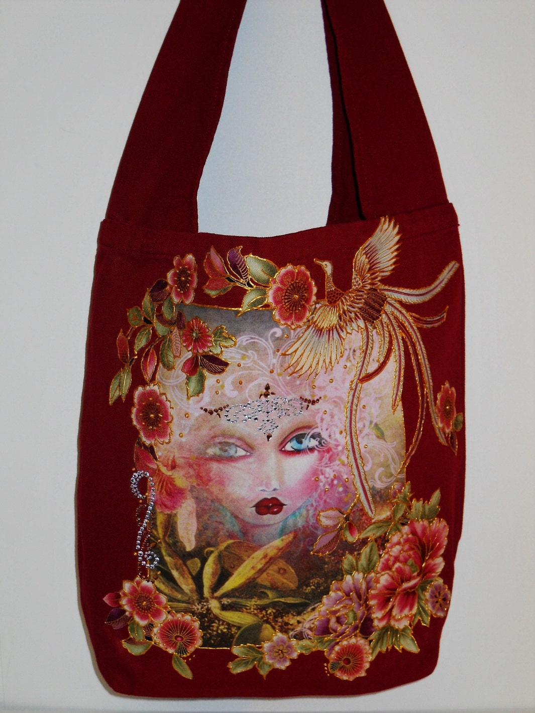 Wild Canvas Funky Fantasy Tote Bag Heavy Duty Hand Painted Floral Fabric Applique Design With Diamond Embellishments