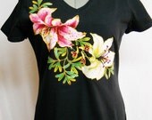 Women's Spring Black Tee Shirt Custom Floral Hand Painted Fabric Applique Design Heavy Weight Preshrunk Cotton