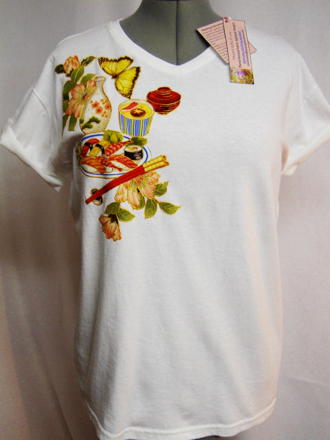 Sushi Lovers White Custom Tee shirt Hand Painted Fabric Applique Design