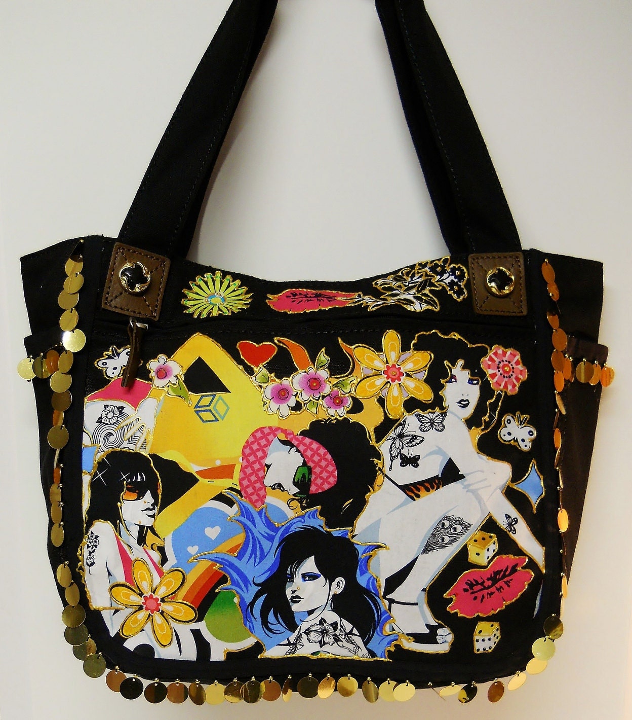 Handbag Black large Canvas With Hand Painted Custom Funky Fabric Applique Designs