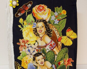 Tote Bag Retro Canvas Custom Fabric Applique Design With Fringe and Pedant Embellishments