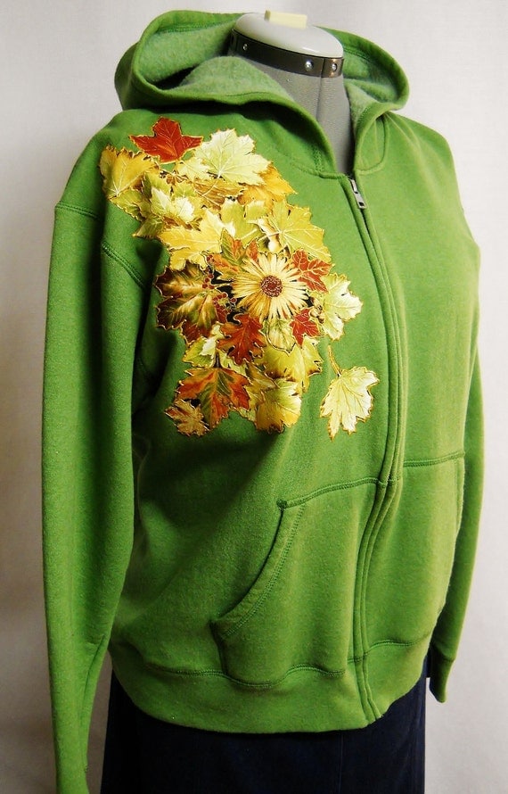Custom Hoodie Beautiful Shade of Green With Autumn Floral Fabric Applique Design