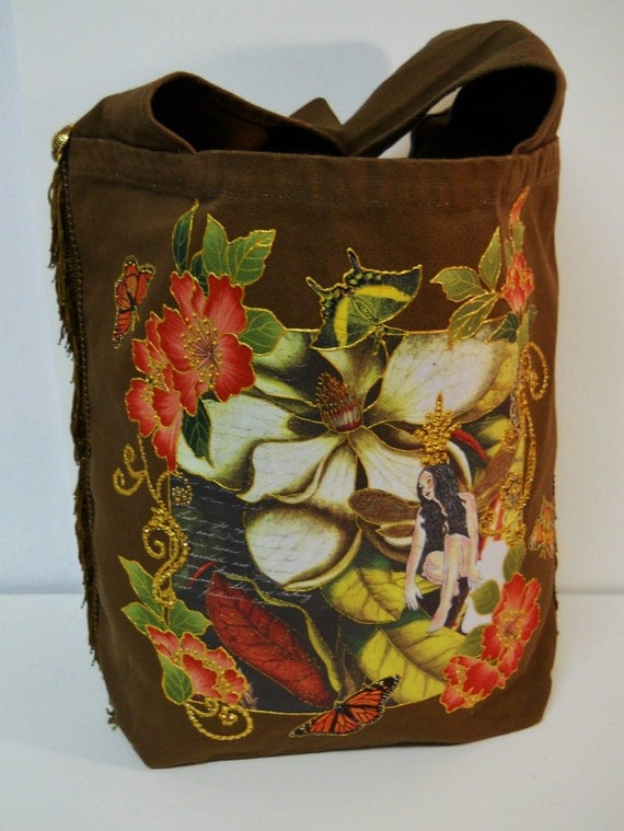 Fantasy Brown Canvas Tote Bag Hand Painted Fabric Floral Applique Design and Fringe