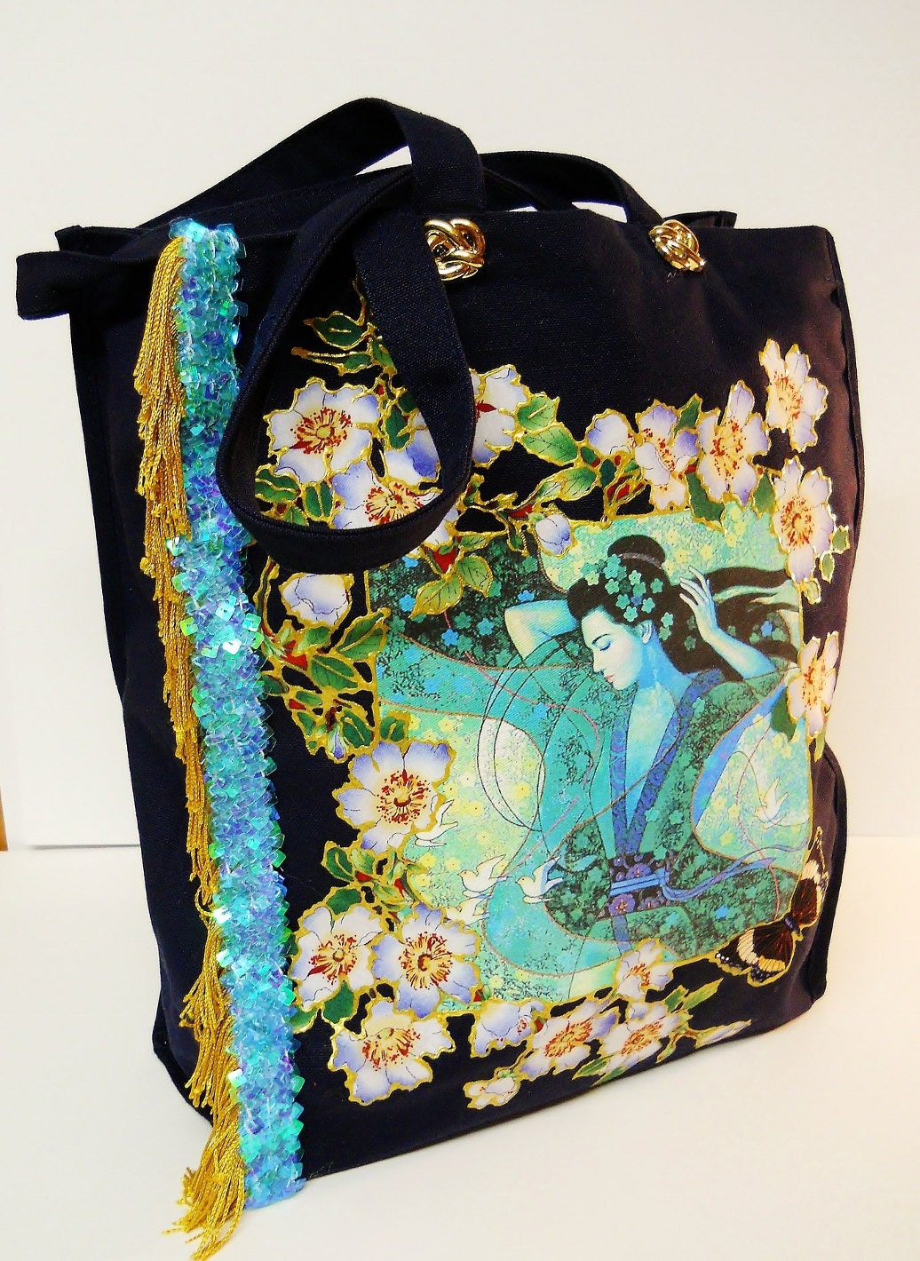 Holiday Sale 75% OFF Tote Bag Navy Blue Canvas Custom Hand Painted Fabric Applique Magical Lady Design