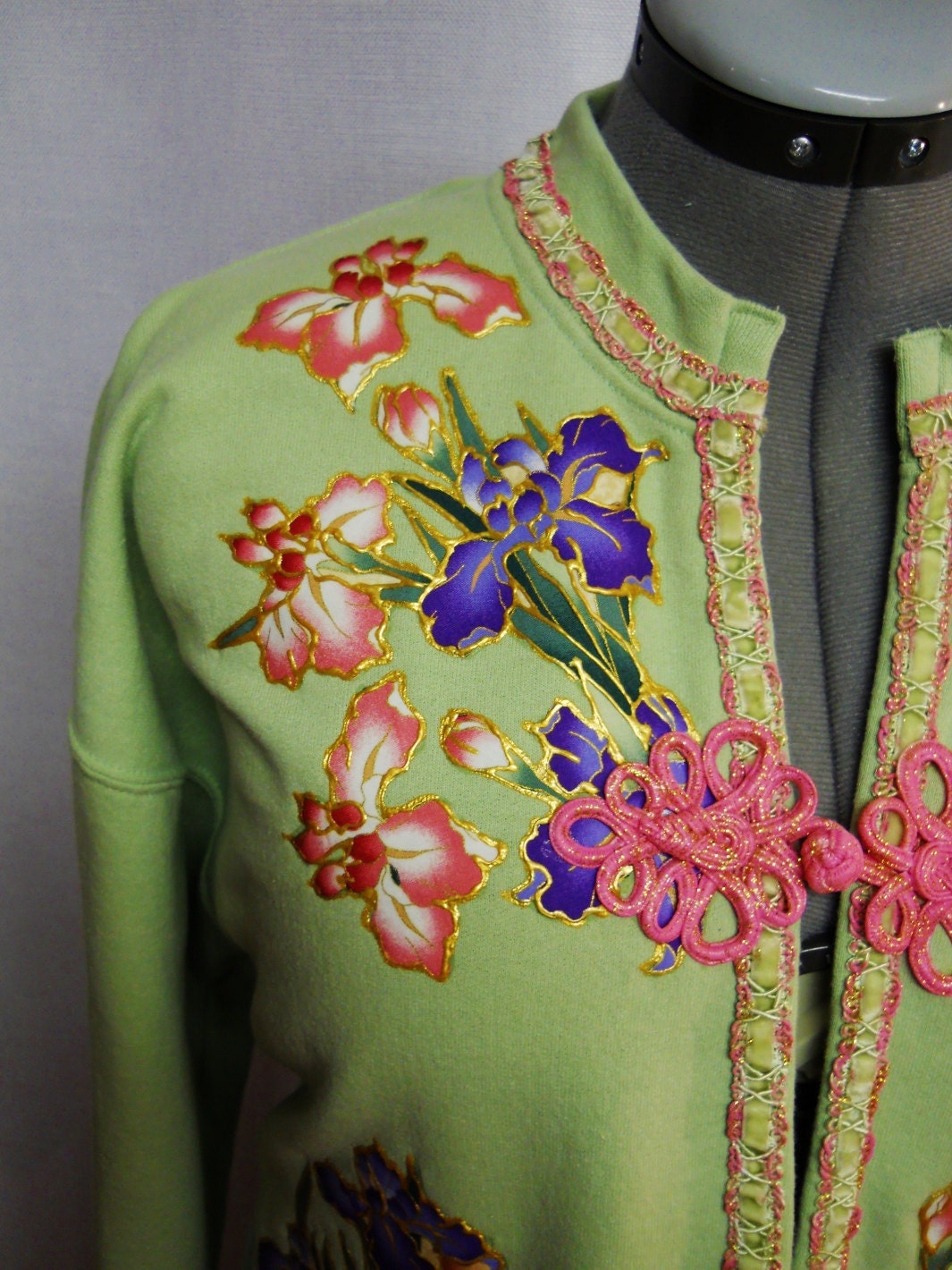 Designer Edition Women's Jacket Custom Asian Floral Fabric Appliques Design with Trim and Frog Closure size Large