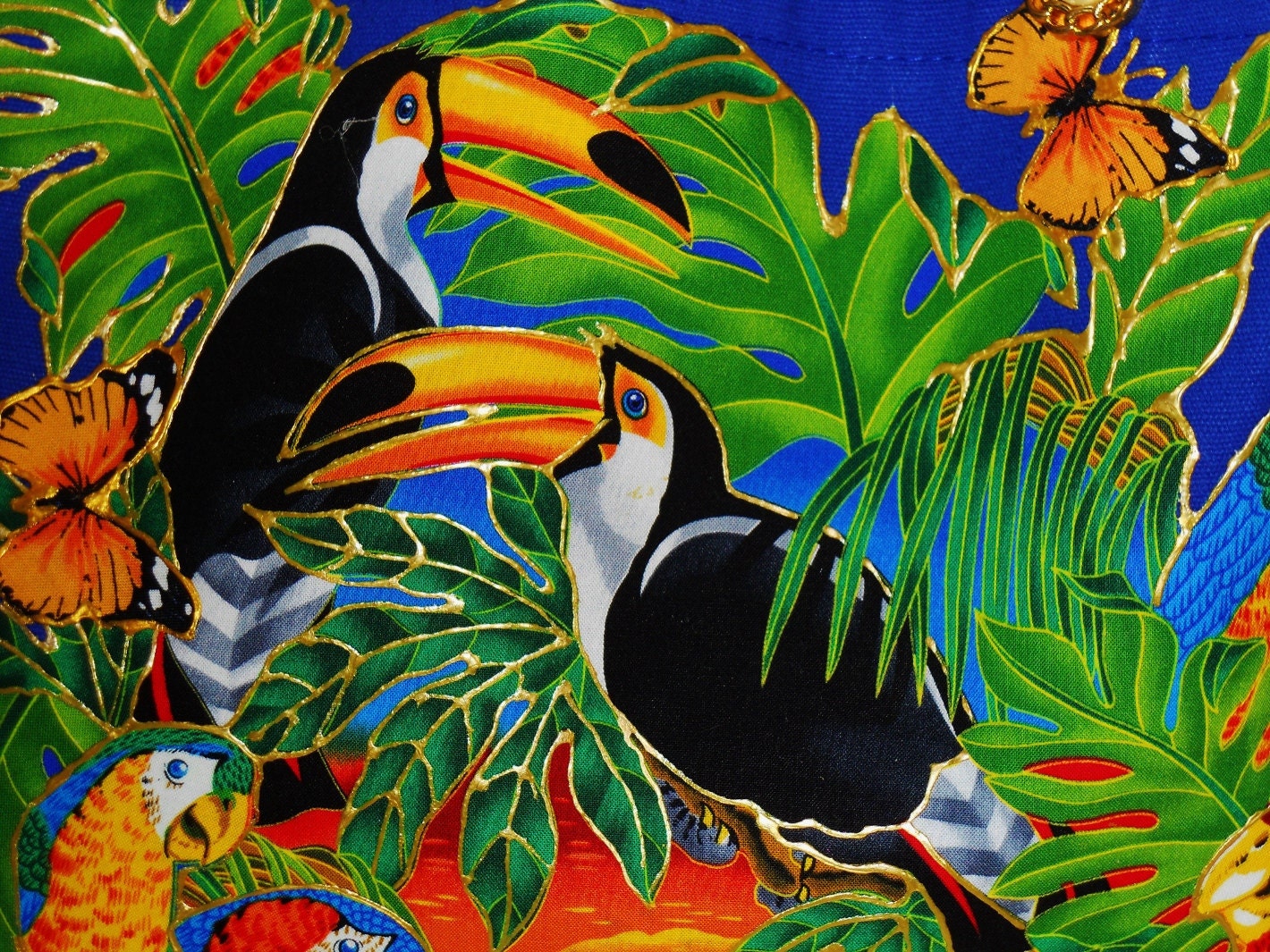 Exotic Bird Tote Canvas Royal Blue with Fabric Applique Design and Yellow Fringe