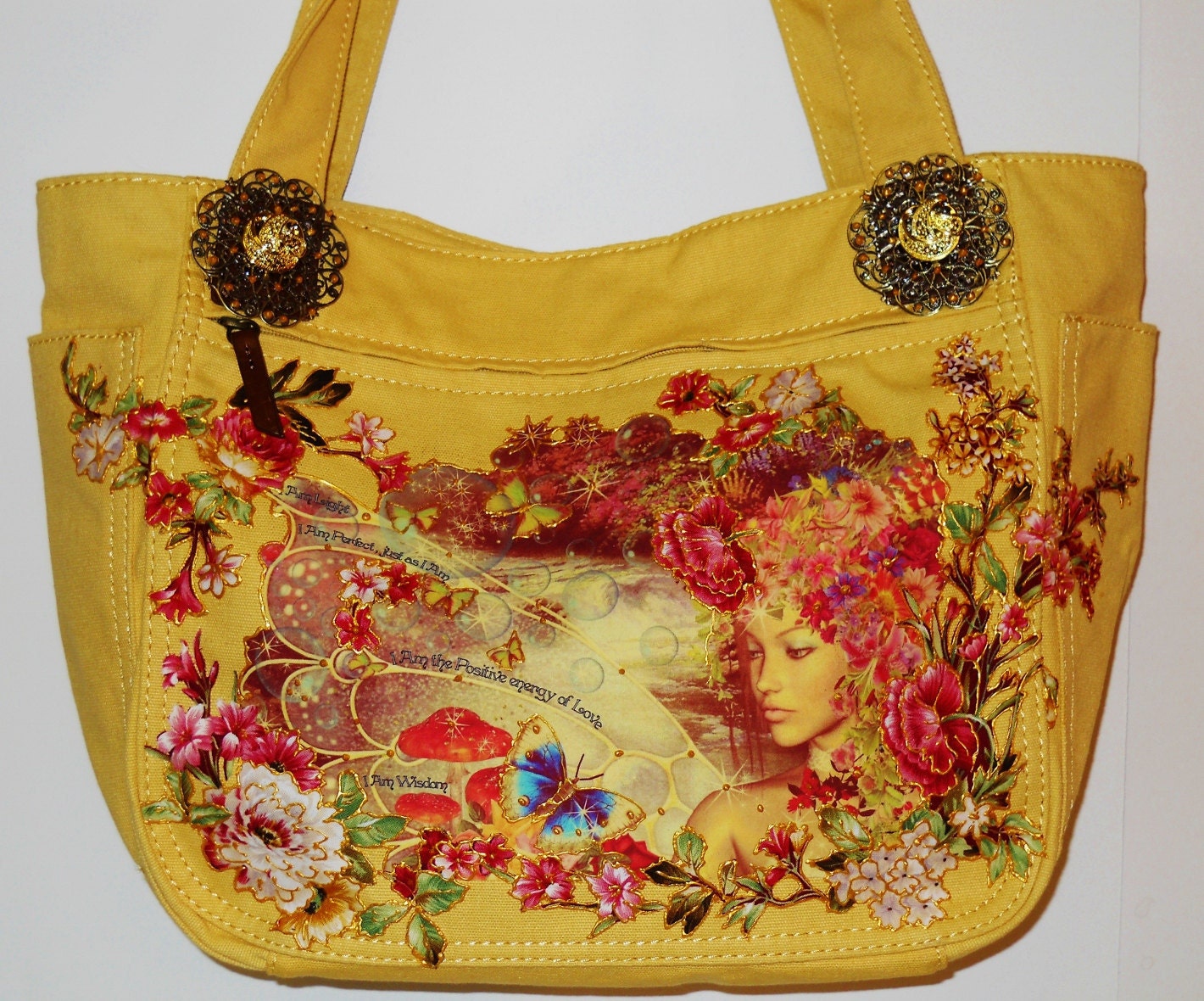Holiday Sale 50% OFF Magical Canvas Yellow Handbag With Fantasy Hand painted Fabric Applique Designs
