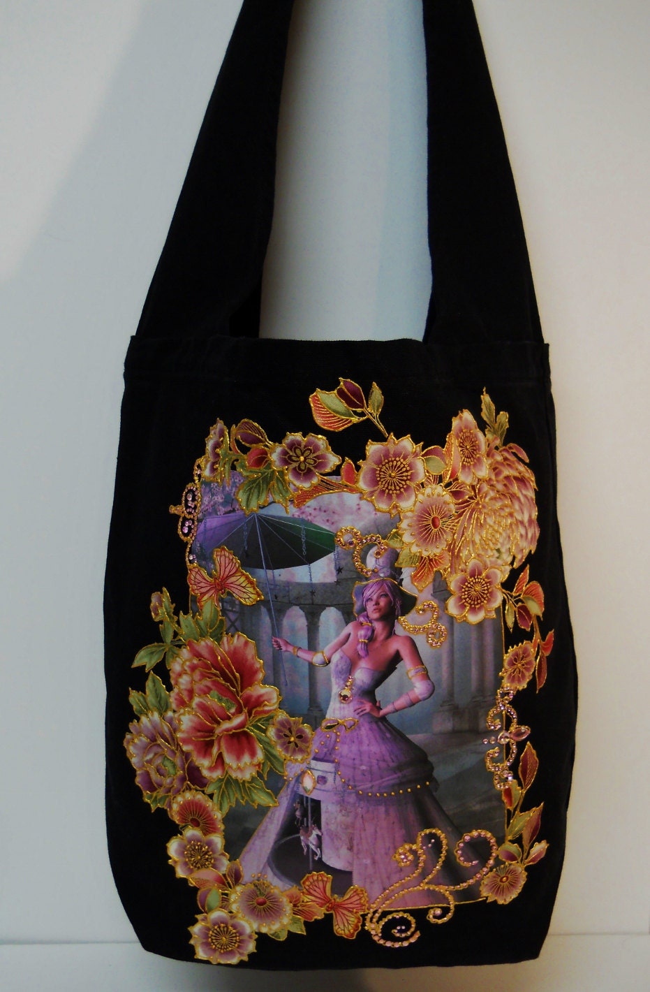 Fantasy Canvas Black Hobo Tote Bag Custom Hand Painted Fabric Applique Design With Diamond Embellishments