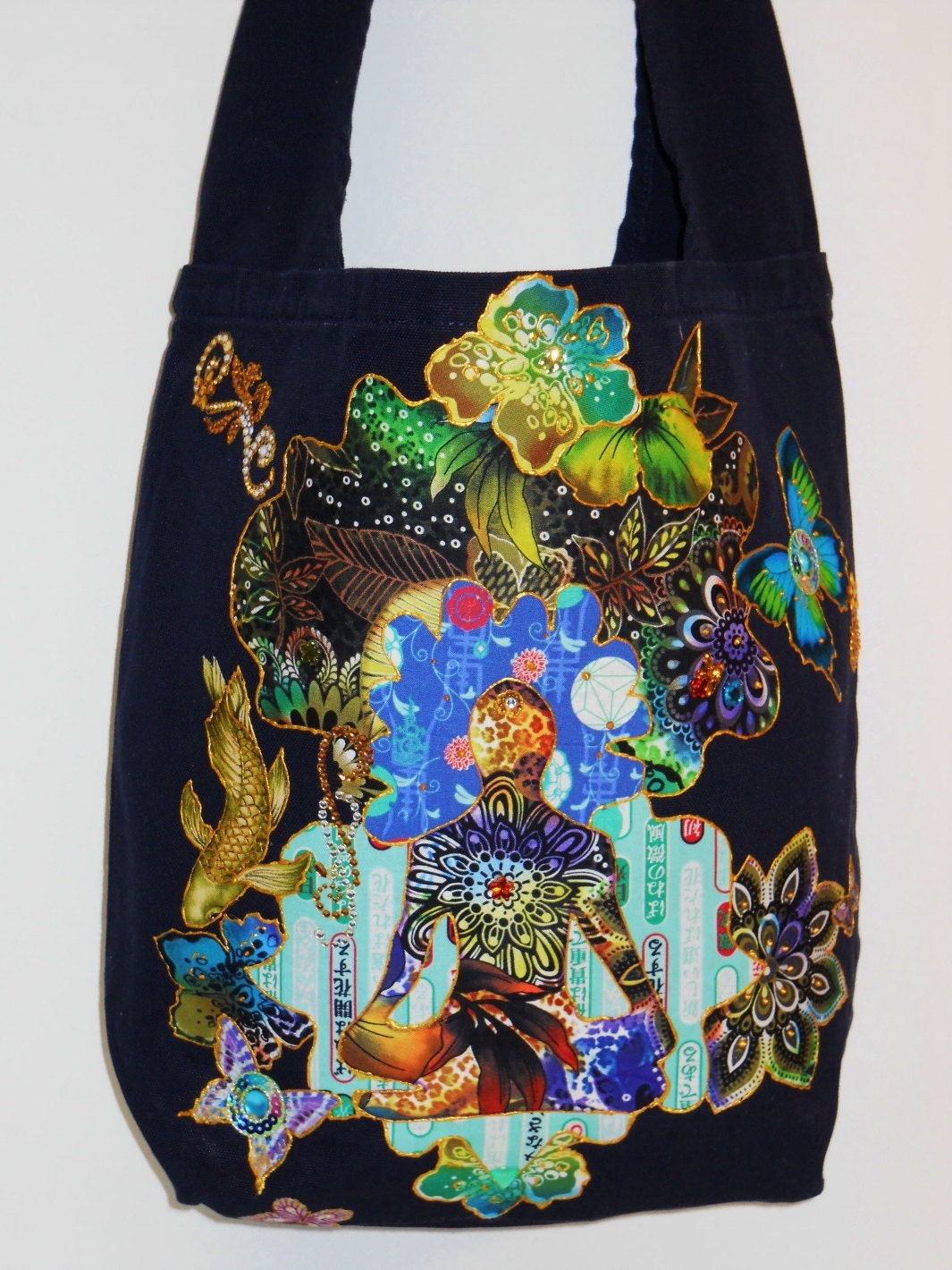 Meditation Bliss Navy Blue Custom CanvasTote Bag Hand Painted Fabric Applique Designs