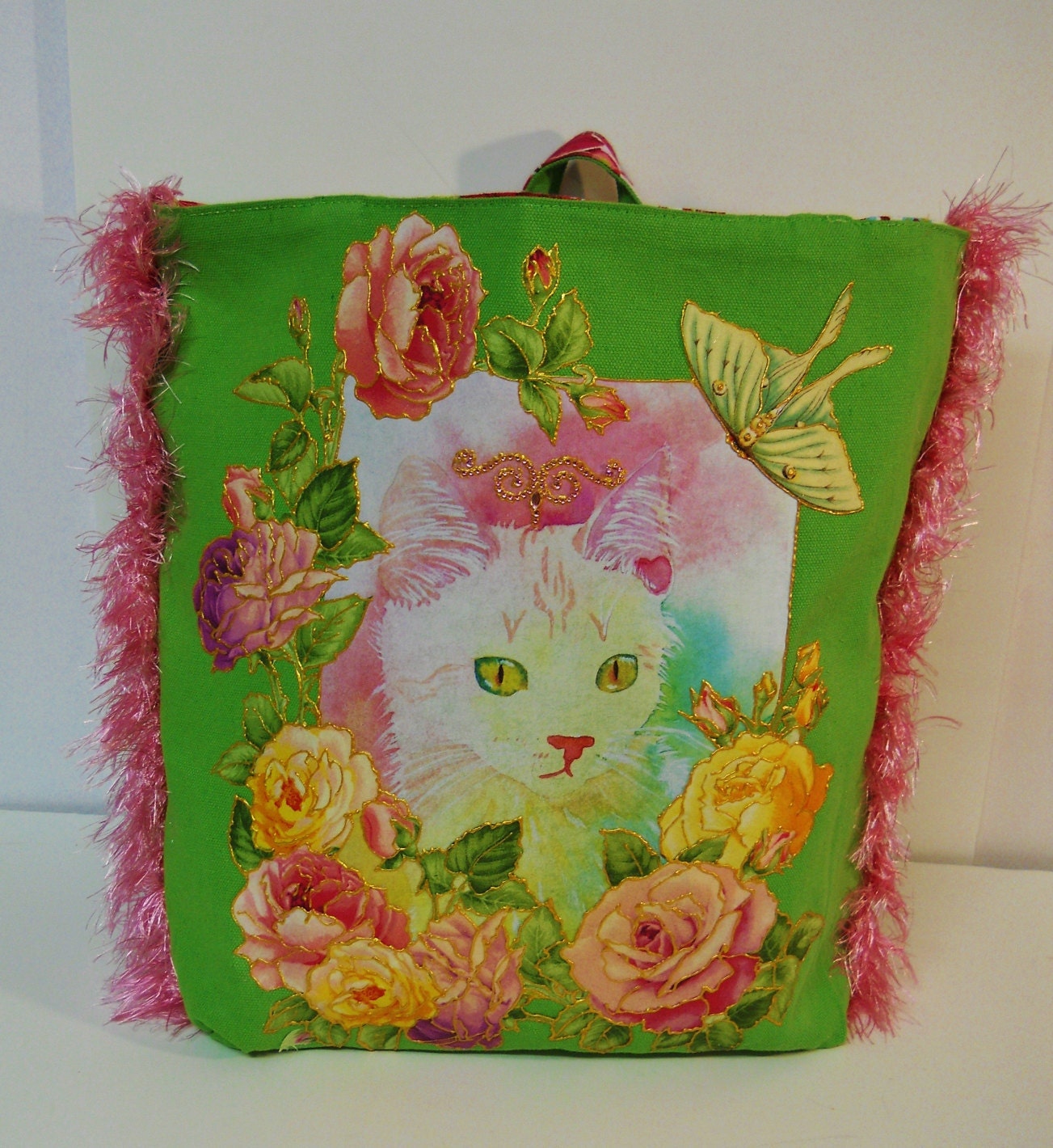 Canvas Spring Custom Tote Bag Floral Cat Hand Painted Fabric Applique Design