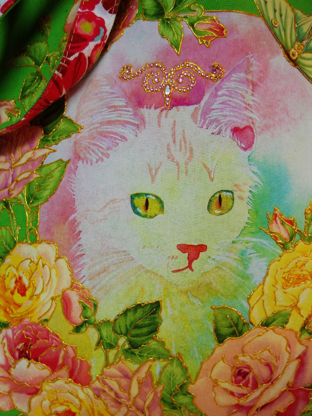 Canvas Spring Custom Tote Bag Floral Cat Hand Painted Fabric Applique Design