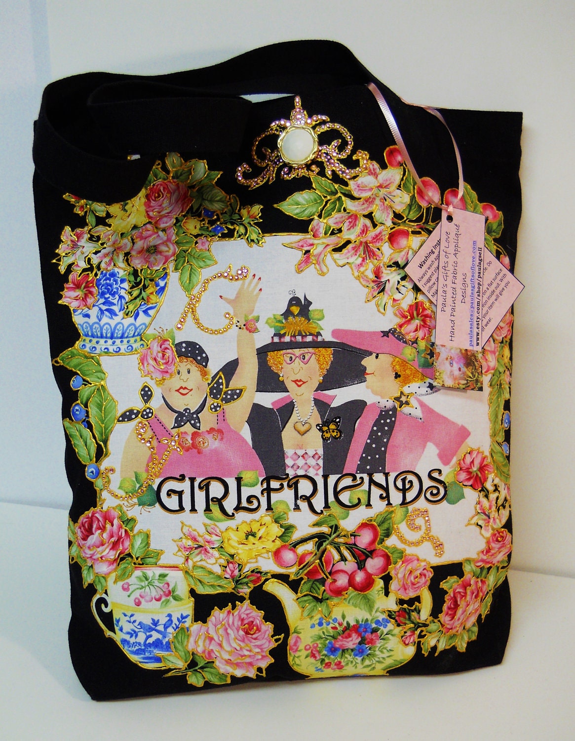 Black Canvas Tote Custom Hand Painted Fabric Applique Designed with Girlfriend Images