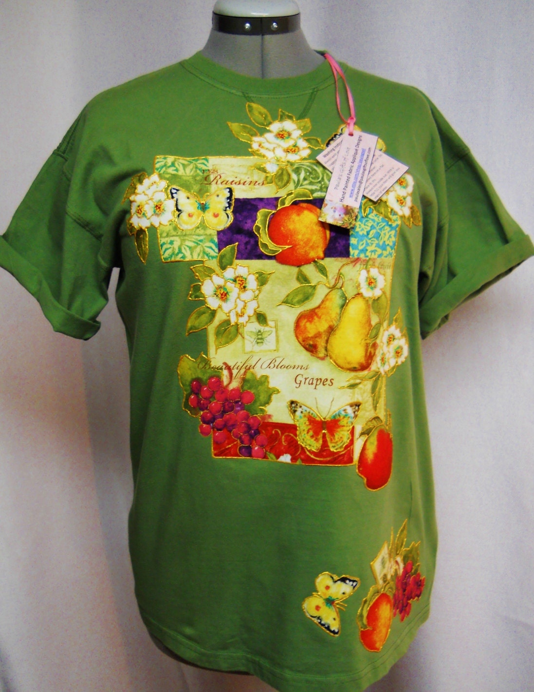 Women's Tee-Shirt Custom Heavy Duty Hand painted With Fabric Applique Designs of Floral and Fruit