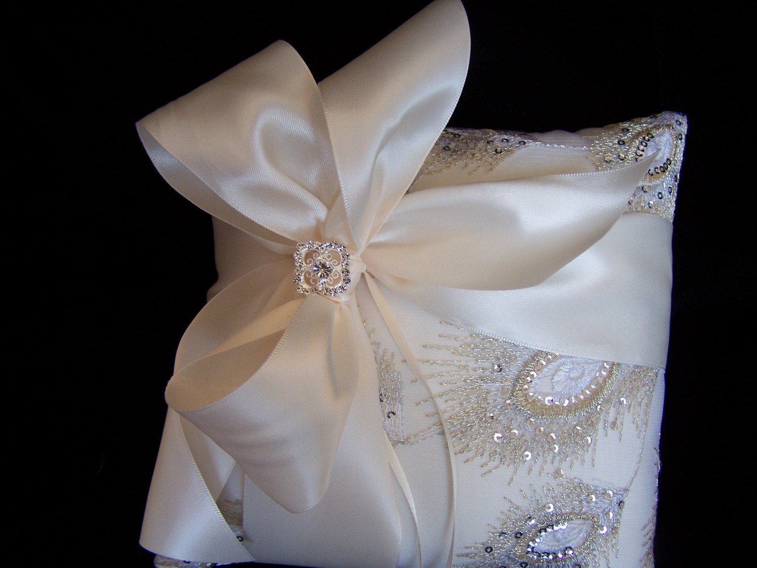 Gold and silver embroidered peacock ring bearer pillow