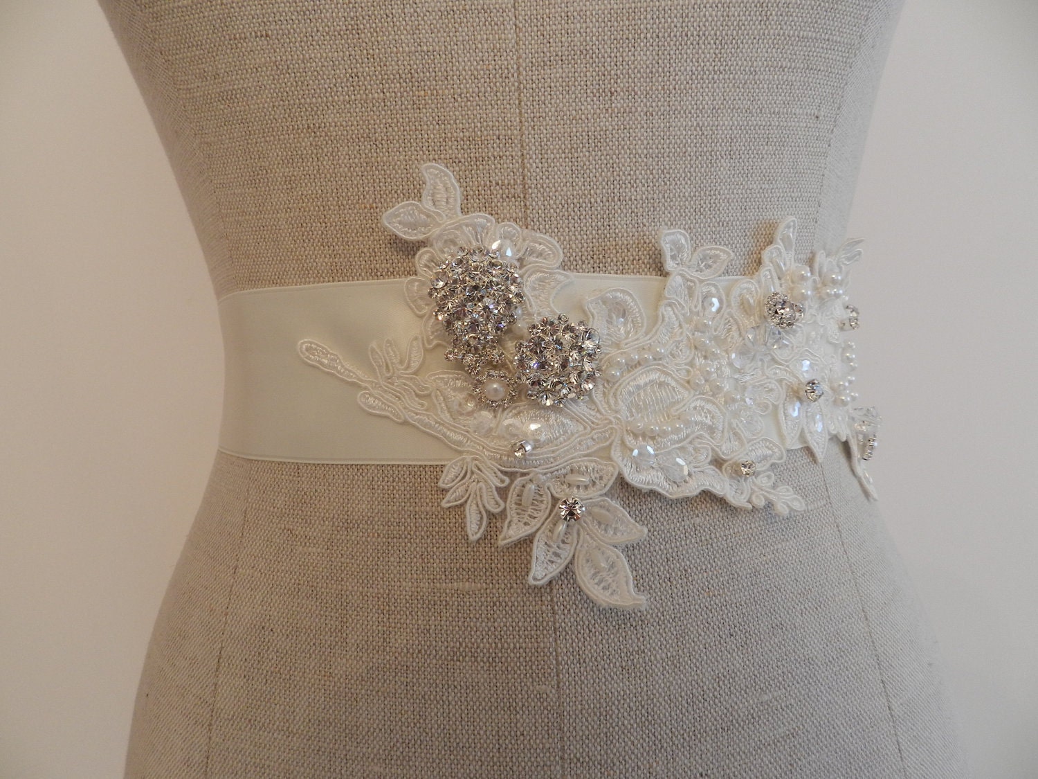 Alencon Lace Rhinestone and Pearl Appliqued Bridal Sash "The Jodie"