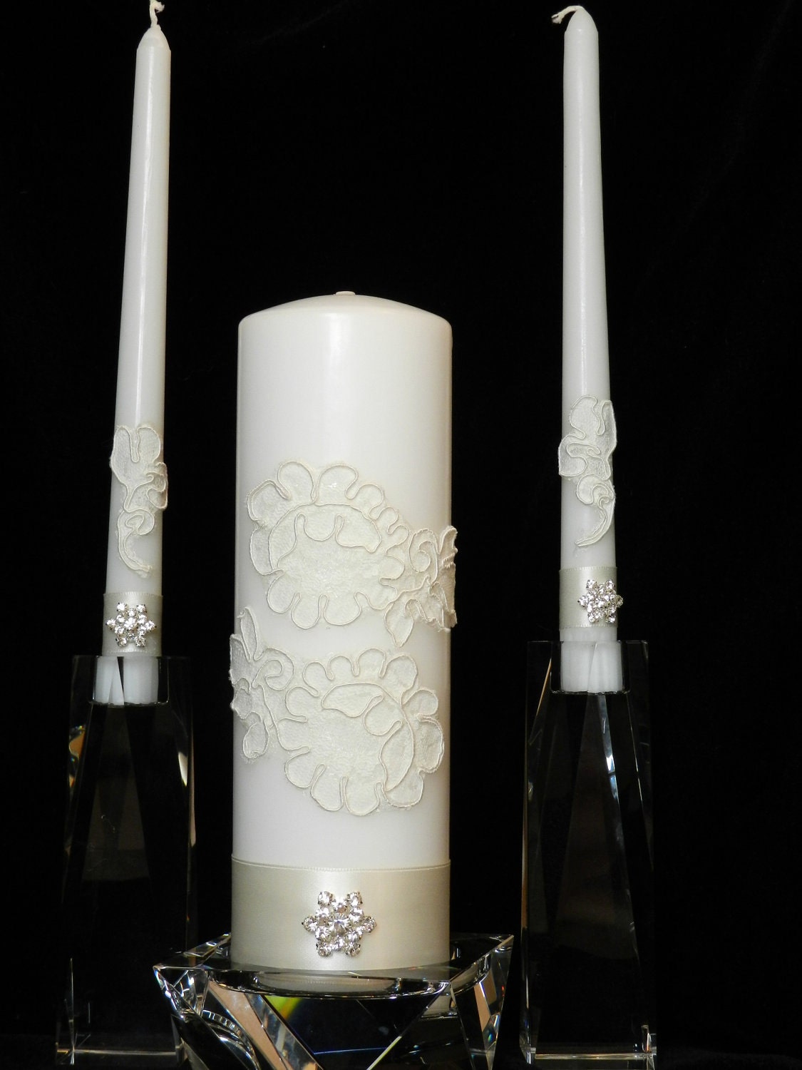 White and Ivory Alencon Lace Unity Candle Set