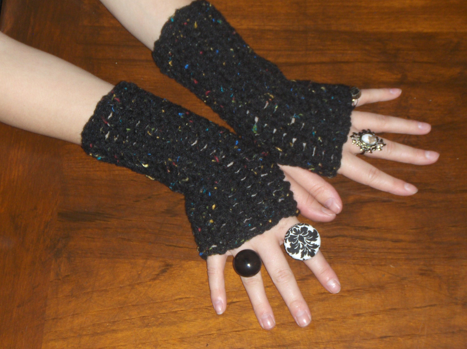 Cosmic Dust. Black speckled mid length arm warmers , fingerless gloves, texting. Handmade Crocheted Victorian style