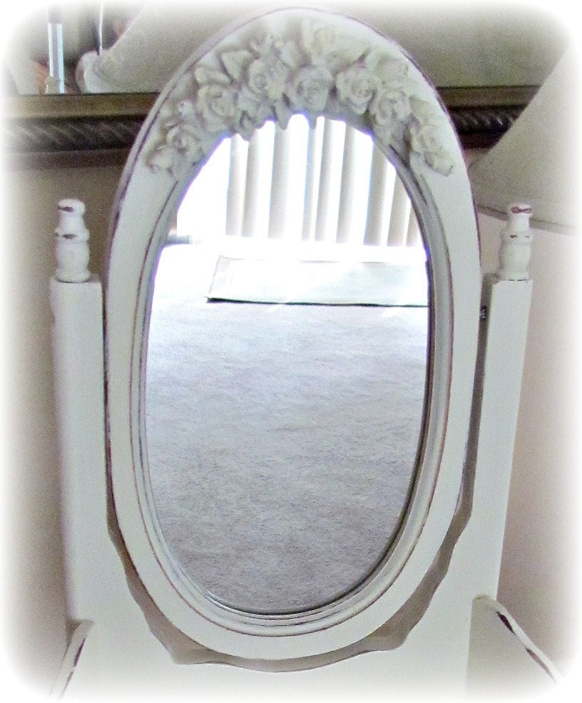 Vintage Style Shabby French Chic Mini Vanity with Swinging Mirror and Barbola Roses