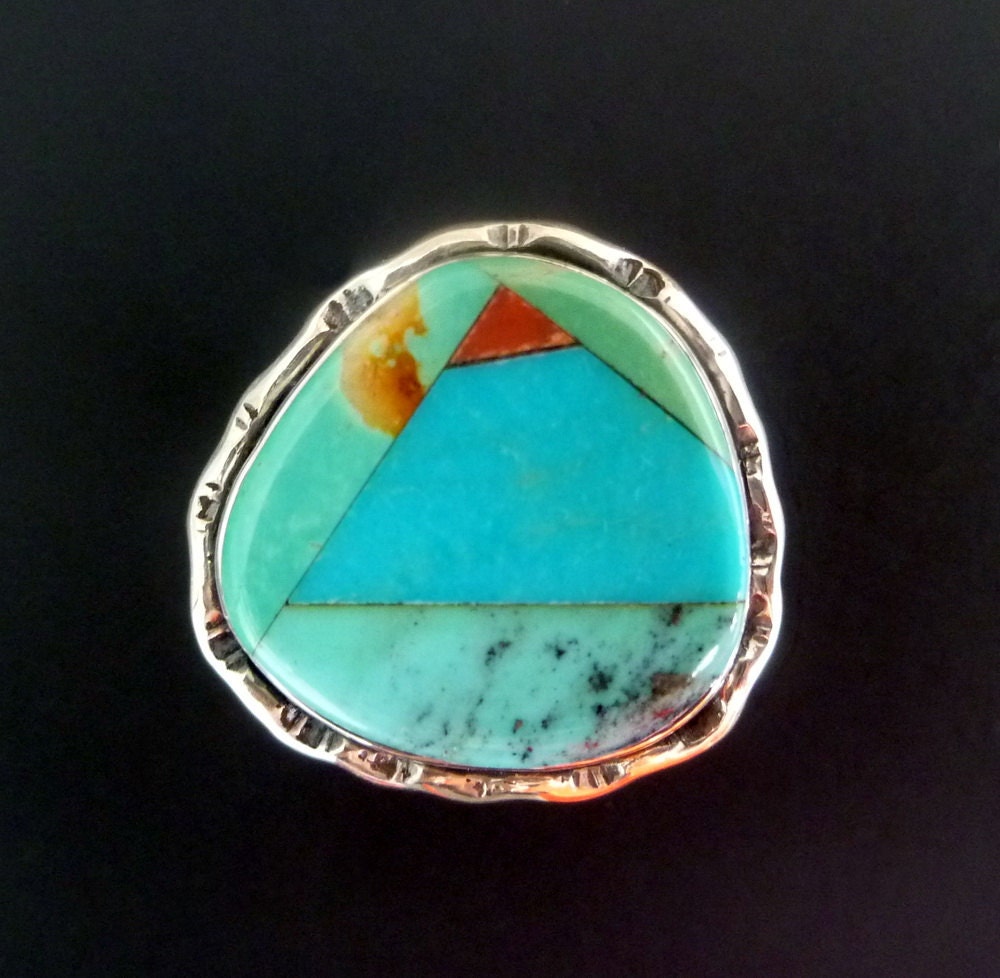 Turquoise and Red Coral Inlay Statement Ring - Handmade Sterling Silver Ring with Turquoise and Red Coral - Size 7.75