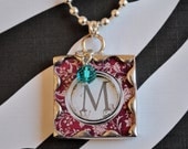 Pink Damask Personalized Initial Necklace with Birthstone Soldered Jewelry